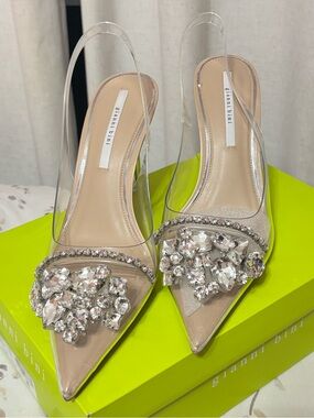 Gianni Bini Nude Clear Pointed Toe Slingback Heels with Crystal Embellishment